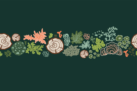 Moss, lichens, stump, fungi seamless border. Green forest mosses repeat frame. Botanical vectorのイラスト素材