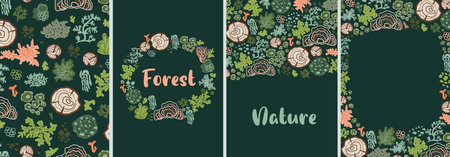 Forest botanical card set. Screen lichen, mosses, stump botanical nature card. Woodland plants...
