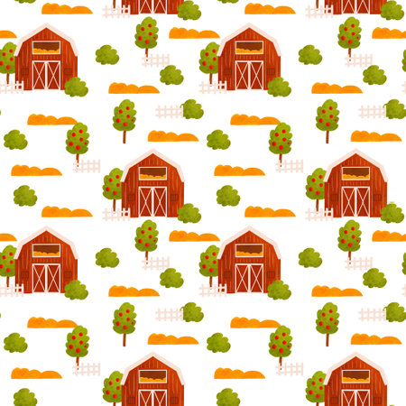 Farm scene seamless pattern, cute red rural houses, apple trees, plants, countryside landscape repeat background. Farming, agriculture, garden wallpaper, harvest watercolor illustration, rural design.の写真素材