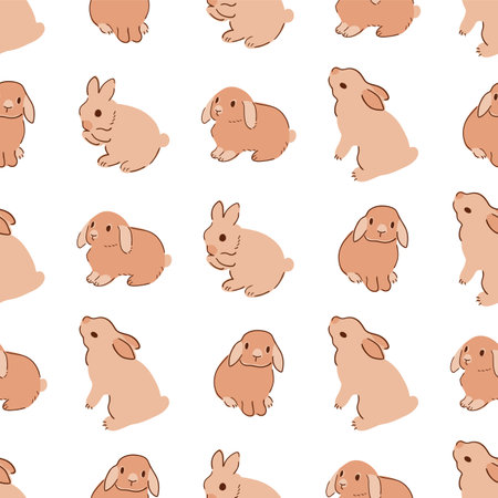 Baby rabbit bunny seamless pattern in pastel beige color. Rabbit shapes and lines repeat background, textile surface design. Cute bunnies easter wallpaper. Naive hare animal vector illustration.のイラスト素材