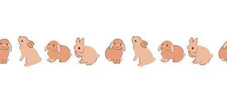 Rabbit bunny seamless border, cute hand drawn baby rabbits in pastel beige color repeat banner. Sweet farm animal decorative frame vector design. Farm animal illustration for cards, invitation.のイラスト素材