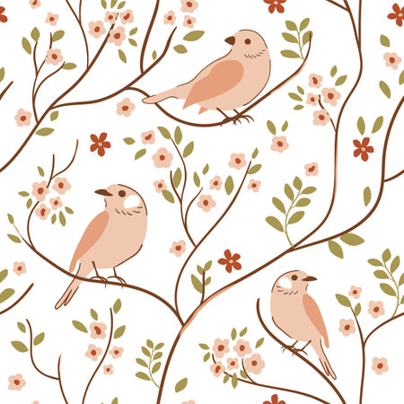 Spring birds pattern with cute beige sparrow on the blossom tree branch. Gentle blooming branches trees and birds. Wildlife silhouette, floral garden ornament. Vector hand drawn illustration.のイラスト素材