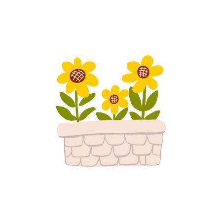 Flower bed or pot to grow sunflowers in the garden or farm. Isolated gardening illustration in watercolorの写真素材