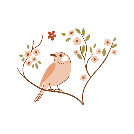 Bird on tree branch vector element. Cute beige sparrow illustration.のイラスト素材