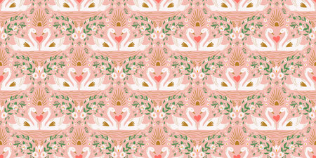 Pink swan bird pattern. Birds in love. Cute swan couple love seamless background, floral romantic vector printのイラスト素材