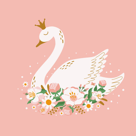 Swan princess bird, flowers on pink background. Cute cartoon hand drawn vector illustration.のイラスト素材