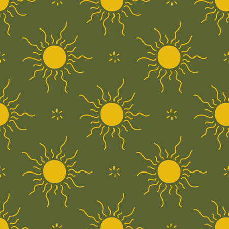 Celestial sun pattern. Magic seamless background with sun and stars. Green and yellow mystic tarot vector designのイラスト素材