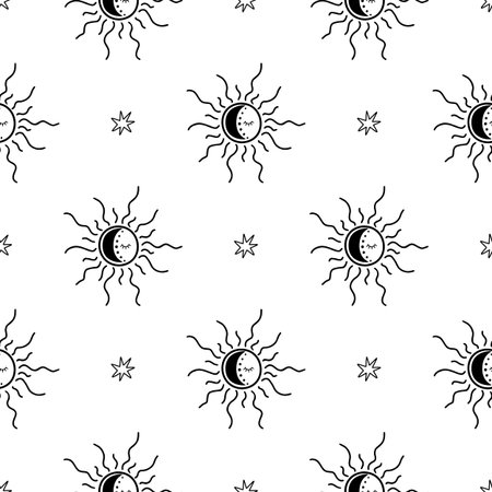 Celestial sun pattern. Magic seamless background with sun, moon, stars, eyes vector design.