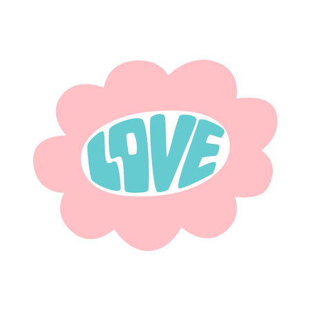 Retro 70s phrase Love. Groovy flower. Floral hippie summer design. Hipster lettering element for T-shirt, posters, cards. Positive slogan in retro 60s style isolated graphic print. vector illustrationのイラスト素材