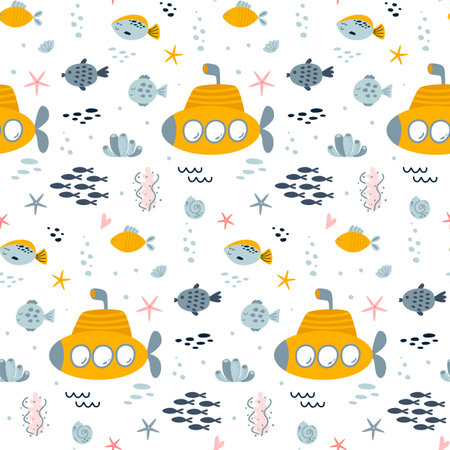 Submarine ship seamless pattern. Cute sea vector print for children. Underwater life repeat backgroundのイラスト素材