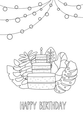 Easy coloring page of birthday cake and jungle leaves. Kids game, child activity coloring book, page be colored. Vector illustration.のイラスト素材