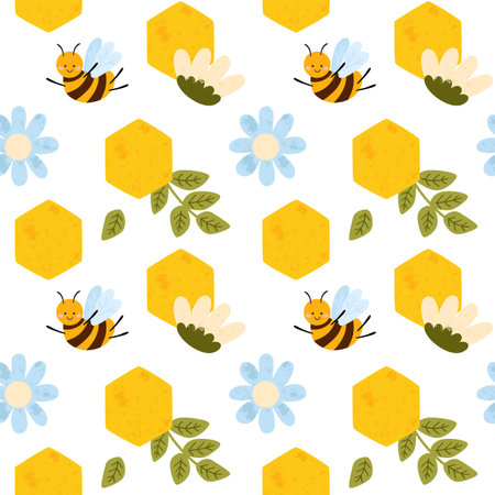 Vector honey bee seamless pattern. Bee floral yellow repeat background. Cute hand drawn summer...