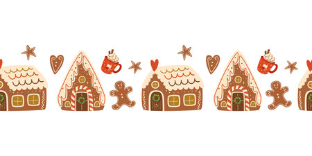 Christmas gingerbread houses and cookies seamless border. Baked Christmas dessert, hot winter drink. Horizontal repeat vector illustration.のイラスト素材