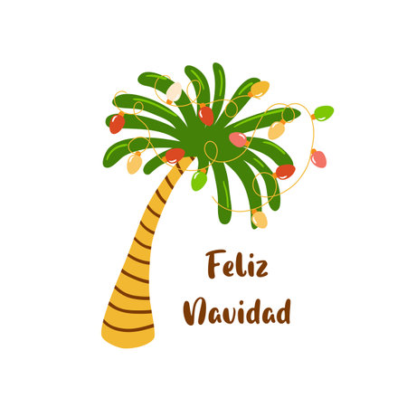 Tropical Christmas palm tree decorated Christmas lights, garland, in cute childish style. Inscription Merry Christmas in Spanishのイラスト素材