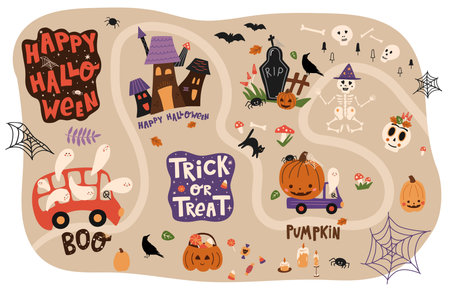 Cute Halloween elements vector, lettering set. Happy pumpkin, truck, creepy ghost in bus, skeleton, haunted houseのイラスト素材
