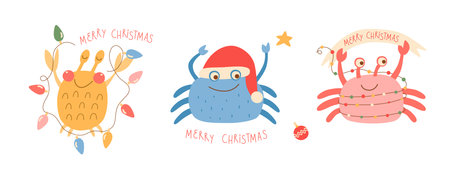 Christmas crab funny characters set, hand drawn text Merry Christmas. Vector tropical party celebration isolated element.のイラスト素材