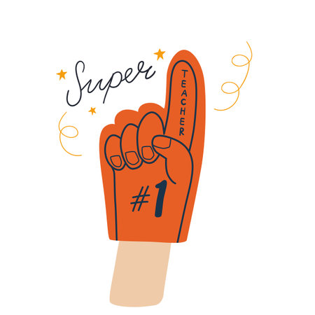 Super teacher number 1 on foam finger. Funny greeting for school professor. Vector isolated elementのイラスト素材