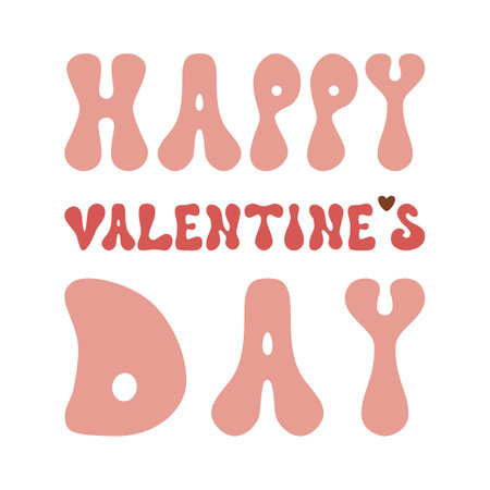 Pink Happy Valentines Day retro groovy lettering element isolated. Cute 14 February typography vectorのイラスト素材