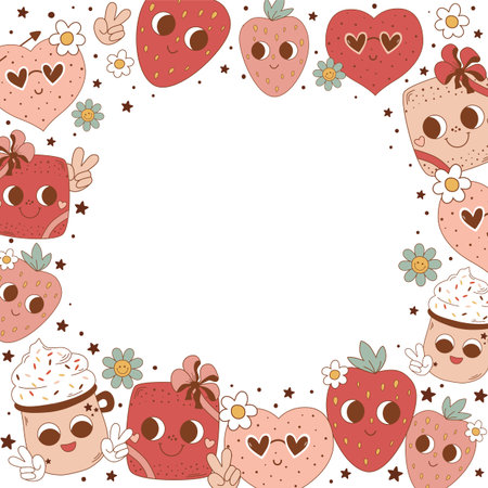 Pink groovy romantic frame with retro strawberry, heart, cup of coffee with eyes. Vector Valentines day card.のイラスト素材