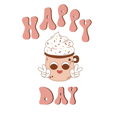 Retro cartoon cup of coffee. Groovy lettering Happy day. Mascot design template. Vector illustrationのイラスト素材