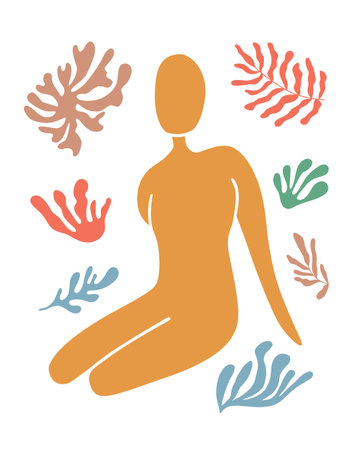 Matisse female body poster. Abstract woman figure with contemporary leaves vector wall art in a trendy minimal style. Vector collage of human body and botanical elements. Minimalistic illustration.のイラスト素材