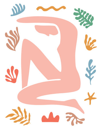 Matisse female body poster. Abstract woman figure with contemporary leaves vector wall art in a trendy minimal style. Vector collage of human body and botanical elements. Minimalistic illustration.のイラスト素材