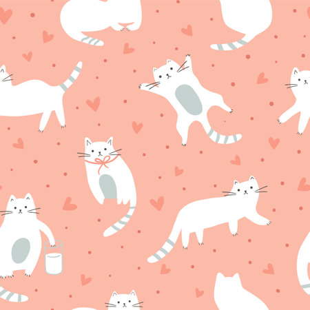 Pink romantic cats seamless pattern for cute Valentines day or National pet day print with love, heart, polka dot ornament. Vector funny kitty repeat background, hand drawn wallpaper, textile designのイラスト素材