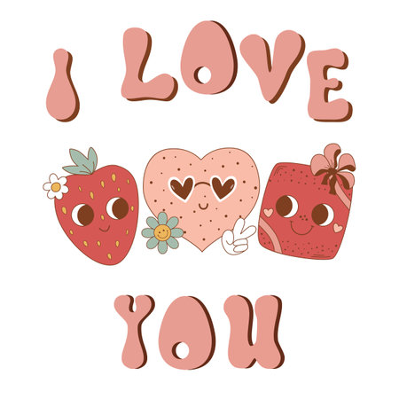 Pink groovy Happy Valentines Day retro lettering element with cute retro characters strawberry, heart with eyes, gift isolated on white. 14 February typography vector letters in vintage 70s, 60s styleのイラスト素材