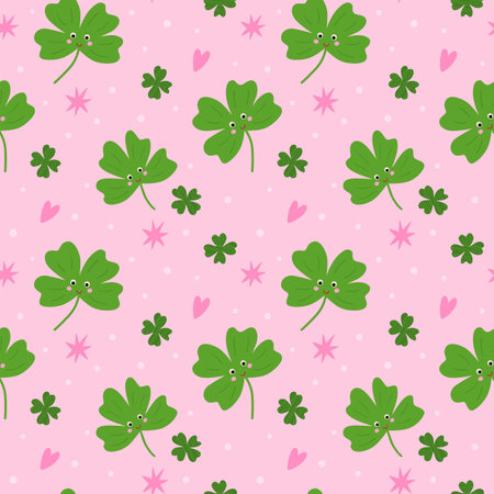 Good luck seamless pattern with green clover leaves, stars, hearts on pink background. Vector St Patrick day printのイラスト素材