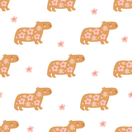 Cute floral capybara animal seamless pattern. Vector summer repeat background with cute animal.のイラスト素材