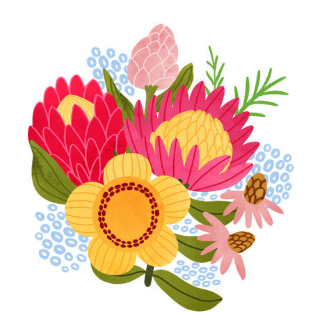 Australian flower protea bouquet. Bright tropical flowers on white background. Hand drawn floral illustrationの写真素材
