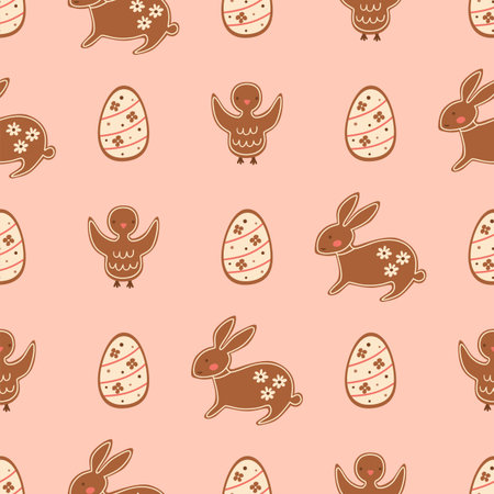 Easter bakery seamless pattern with tasty gingerbread cookies, bunny, chicken and Easter eggs on...