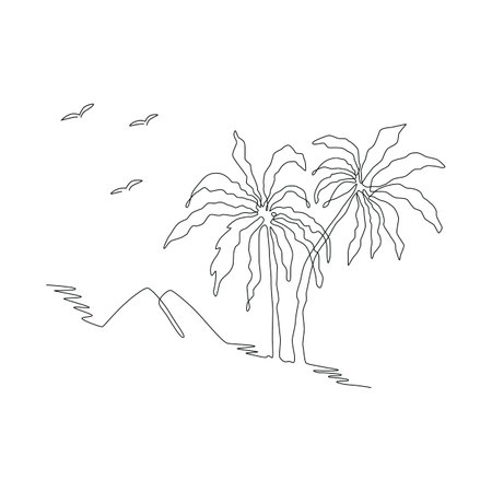 Palm tree in one continuous line drawing. Vector tropical landscape, seagulls, hills, sea cost illustration. Travel, summer vacation, adventure graphics hand drawn in black single line, minimal style.のイラスト素材