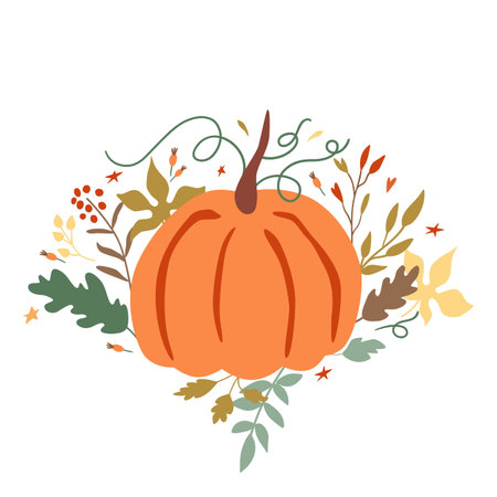Floral pumpkin with autumn leaves, berries, fall branches. Cute fall or Thanksgiving day vector illustrationのイラスト素材