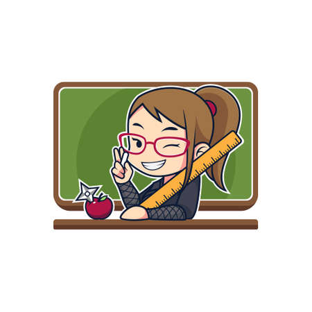 Ninja Teacher Girl with chalkboard mascot illustration, Cute learning concept designのイラスト素材