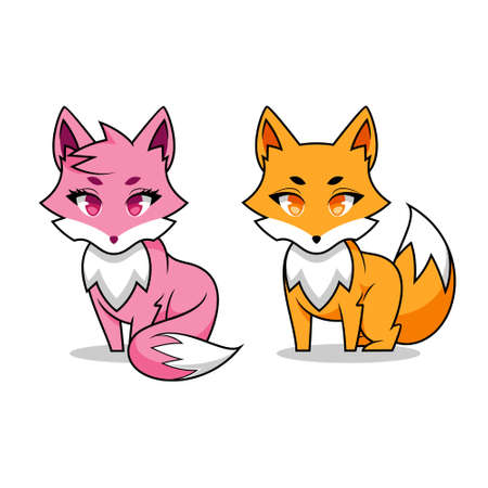 Fox Girl and Boy, Anime Kitsune, Fox Cartoon Illustration, Fennec mascot orange and pinkのイラスト素材