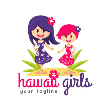 Hawaii Girls, Hula Dancing, Hawaiian Kids in a dress mascot Characterのイラスト素材