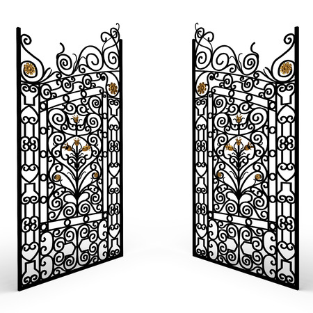 Opened black forged gate with gold flowers on white backgroundの写真素材