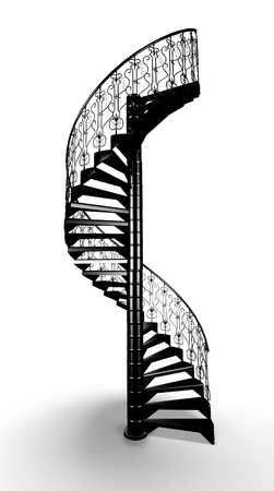 Black forged spiral stair, 3d render on white backgroundの写真素材