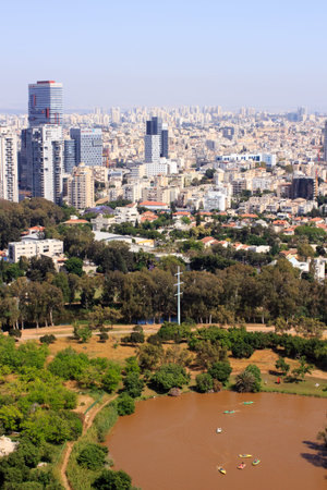 TEL AVIV, ISRAEL - May 13 2017: Aerial view of Tel-Aviv skyline and Yarcon River