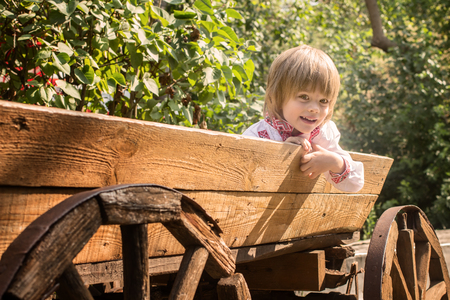 Little boy in a white embroidered shirt having fun in an old cartの写真素材