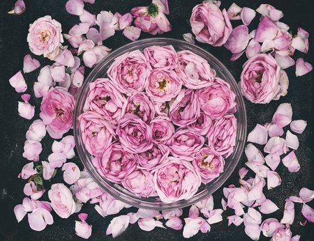 Composition with buds and petals of a pink rose in a bowl on a dark rude backgroundの写真素材