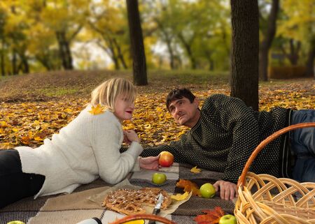 Middle age couple spending time together on a sunny autumn dayの写真素材