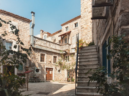 Budva / Montenegro - 09.20.2020: Italian style courtyard in the old townのeditorial素材