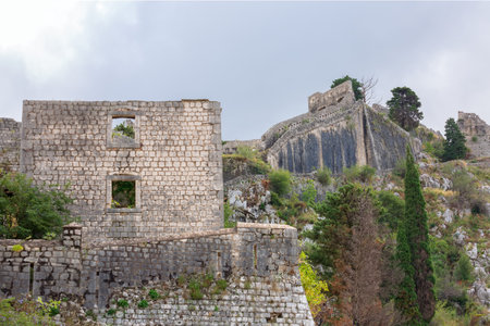 View of the ancient walls of the Castle Of San Giovanni, near the town of Kotor. Montenegro