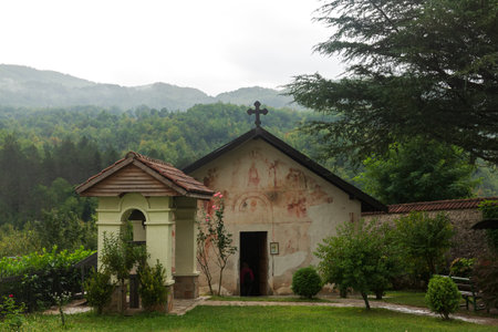 the Saint Nicholas of Myra church entrance in Serbian Orthodox monastery Moracha in Montenegro, founded in 1252, Rascian architectural styleの写真素材