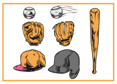 Baseball equipment set. Baseball cap, bat, ball, cap. Vector illustrationのイラスト素材