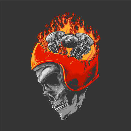 Skull with engine and motorcycle helmet. Vector illustration on a dark background.のイラスト素材