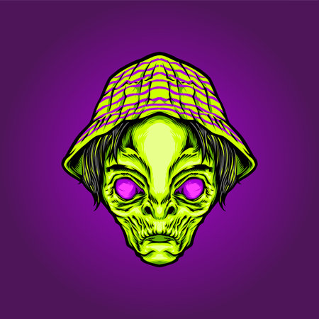 alien head in a hat. Vector illustration on purple backgroundのイラスト素材