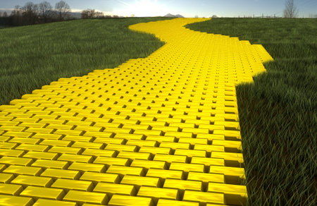 Gold ingod road in grass with sky